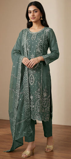 Green color Salwar Kameez in Organza Silk fabric with Embroidered, Sequence work