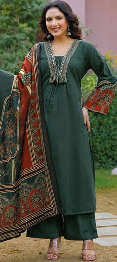 Green color Salwar Kameez in Cotton fabric with Embroidered, Mirror work