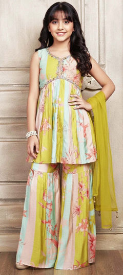 Multicolor color Kids Salwar in Chinon Silk fabric with Embroidered, Floral, Printed work