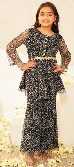 Black and Grey color Girls Top with Bottom in Polyester Silk fabric with Gota Patti, Printed work