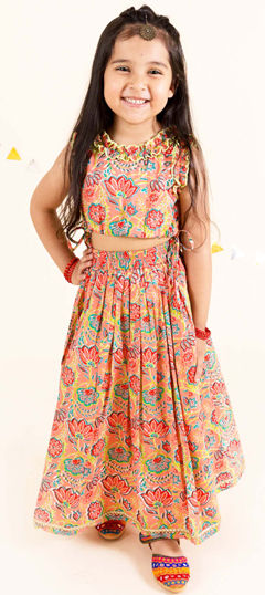 Pink and Majenta color Kids Lehenga in Cotton fabric with Gota Patti, Printed work