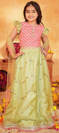 Green, Pink and Majenta color Kids Lehenga in Kota Doria fabric with Lace, Printed, Sequence work