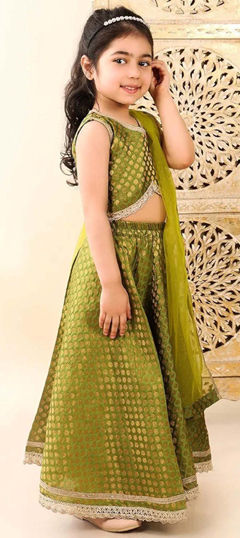 Green color Kids Lehenga in Brocade fabric with Lace, Weaving work