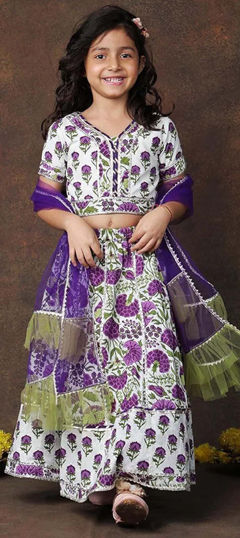 Purple and Violet, White and Off White color Kids Lehenga in Cotton fabric with Lace, Printed work