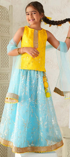 Blue, Yellow color Kids Lehenga in Net fabric with Lace work