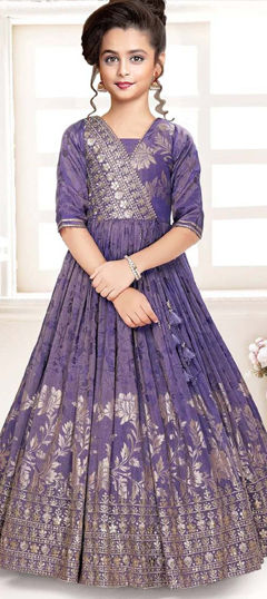 Purple and Violet color Girls Gown in Jacquard fabric with Embroidered, Sequence, Weaving work