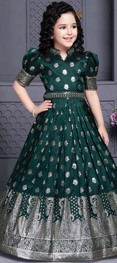 Green color Girls Gown in Jacquard fabric with Weaving work