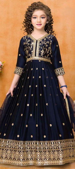 Blue color Girls Gown in Blended, Silk fabric with Embroidered work