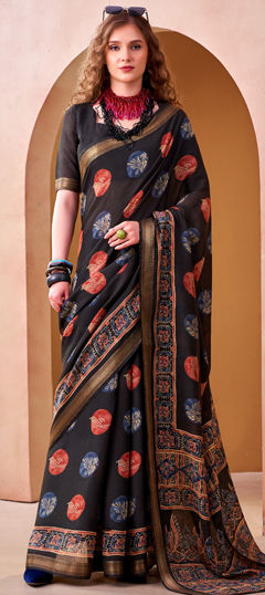 Black and Grey color Saree in Chanderi Silk fabric with Printed, Weaving work