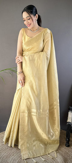 Beige and Brown color Saree in Cotton fabric with Weaving, Zari work