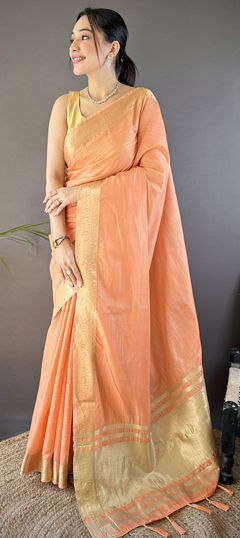 Orange color Saree in Cotton fabric with Weaving, Zari work