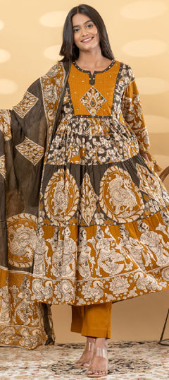 Beige and Brown color Salwar Kameez in Cotton fabric with Mirror, Printed, Sequence, Zari work
