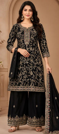 Black and Grey color Salwar Kameez in Chinon Silk fabric with Embroidered work