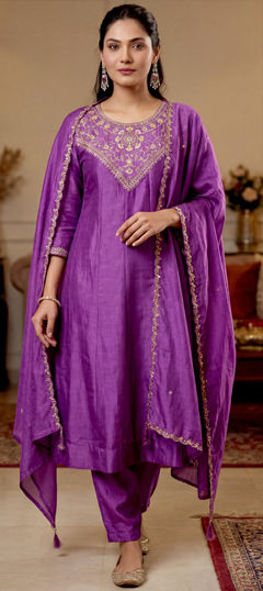 Purple and Violet color Salwar Kameez in Silk fabric with Embroidered work