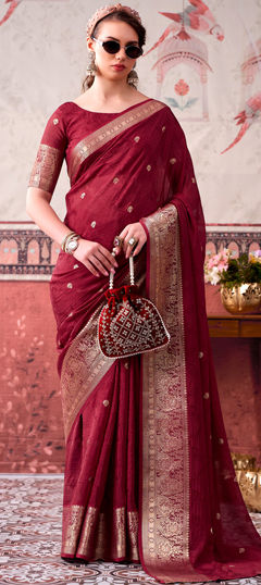 Red and Maroon color Saree in Chinon Silk fabric with Printed, Weaving, Zari work