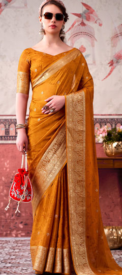 Yellow color Saree in Chinon Silk fabric with Printed, Weaving, Zari work