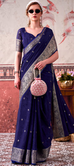 Blue color Saree in Chinon Silk fabric with Printed, Weaving, Zari work