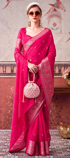 Pink and Majenta color Saree in Chinon Silk fabric with Printed, Weaving, Zari work