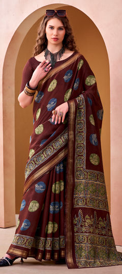 Red and Maroon color Saree in Chanderi fabric with Printed, Weaving work
