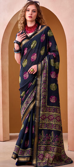 Blue color Saree in Chanderi Silk fabric with Printed, Weaving work