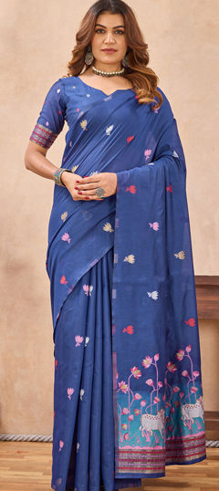 Blue color Saree in Linen fabric with Weaving, Zari work