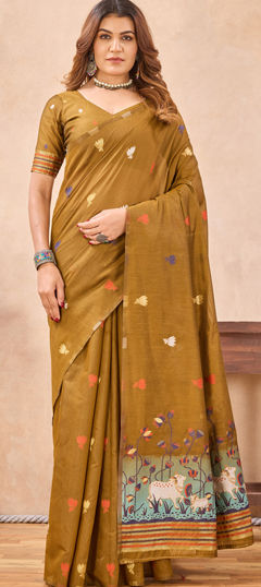 Yellow color Saree in Linen fabric with Weaving, Zari work