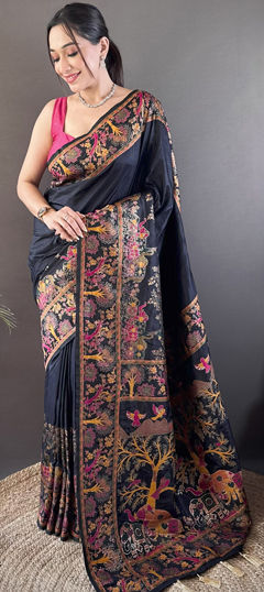Black and Grey color Saree in Pashmina fabric with Weaving, Zari work