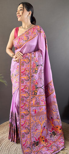 Purple and Violet color Saree in Pashmina fabric with Weaving, Zari work