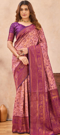 Pink and Majenta, Purple and Violet color Saree in Blended fabric with Weaving, Zari work