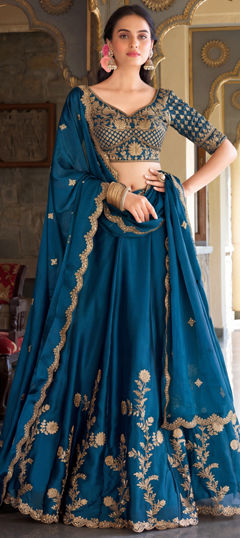 Green color Lehenga in Silk fabric with Embroidered, Sequence, Zari work