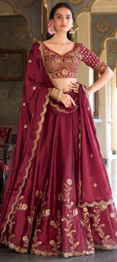 Red and Maroon color Lehenga in Silk fabric with Embroidered, Sequence, Zari work
