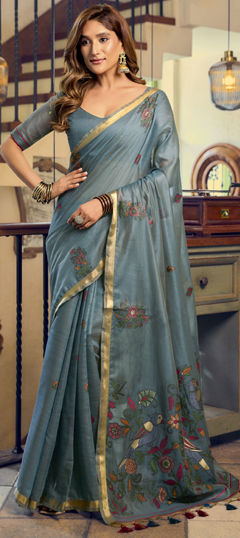 Blue color Saree in Cotton fabric with Border, Weaving, Zari work