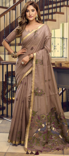 Beige and Brown color Saree in Cotton fabric with Border, Weaving, Zari work