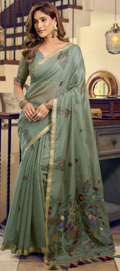 Green color Saree in Cotton fabric with Border, Weaving, Zari work