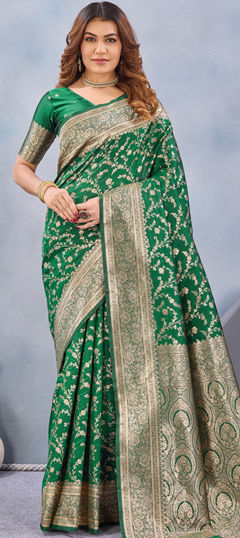 Green color Saree in Blended, Silk fabric with Weaving, Zari work