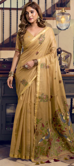 Beige and Brown color Saree in Cotton fabric with Border, Weaving, Zari work