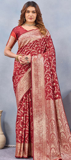 Red and Maroon color Saree in Blended, Silk fabric with Weaving, Zari work