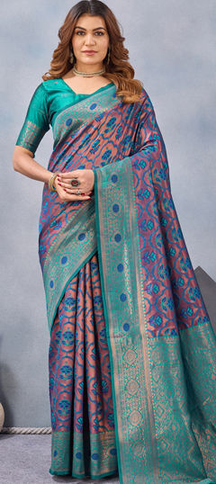 Blue color Saree in Blended, Silk fabric with Weaving, Zari work