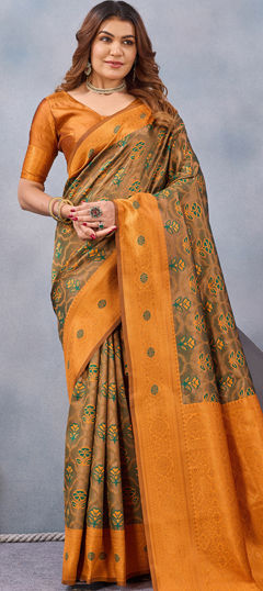 Orange color Saree in Blended, Silk fabric with Weaving, Zari work