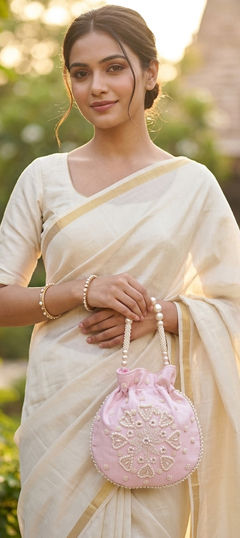 Pink and Majenta color Potli in Silk cotton fabric with Bugle Beads, Moti work