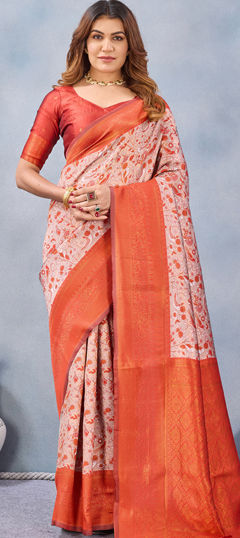 Orange color Saree in Blended, Silk fabric with Weaving, Zari work
