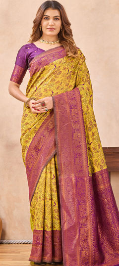 Purple and Violet, Yellow color Saree in Blended, Silk fabric with Weaving, Zari work