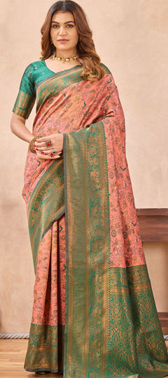 Green, Pink and Majenta color Saree in Blended, Silk fabric with Weaving, Zari work