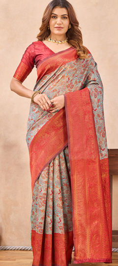 Blue, Red and Maroon color Saree in Blended, Silk fabric with Weaving, Zari work
