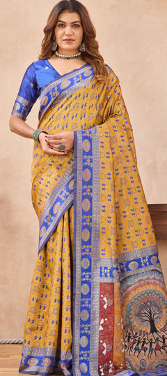 Blue, Yellow color Saree in Blended, Silk fabric with Weaving, Zari work