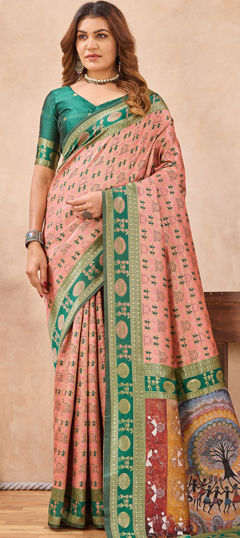 Green, Pink and Majenta color Saree in Blended, Silk fabric with Weaving, Zari work
