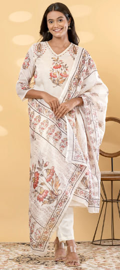 Beige and Brown color Salwar Kameez in Kota Doria fabric with Bugle Beads, Floral, Printed, Sequence, Zardozi work