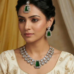 Gold Rodium Polish Green color Necklace in Metal Alloy studded with Austrian diamond