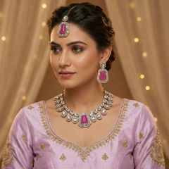 Gold Rodium Polish Purple and Violet color Necklace in Metal Alloy studded with Austrian diamond