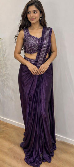 Purple and Violet color Readymade Saree in Satin Silk fabric with Sequence, Zircon work